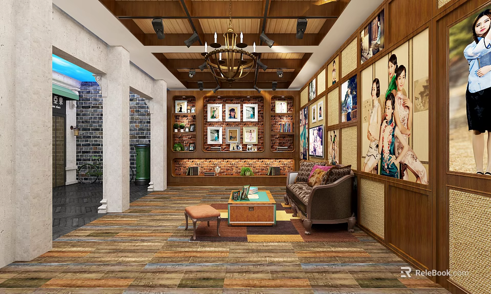 Specialty Store Interior With Displayed Products Wooden Shelves Decorative Paintings And Chandelier 3d model 