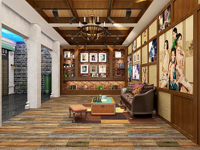 Specialty Store Interior With Displayed Products Wooden Shelves Decorative Paintings And Chandelier 3d model