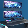 Modern Office Desk Setup With Multiple Monitors Ergonomic Chair And Blue Lighting Accents