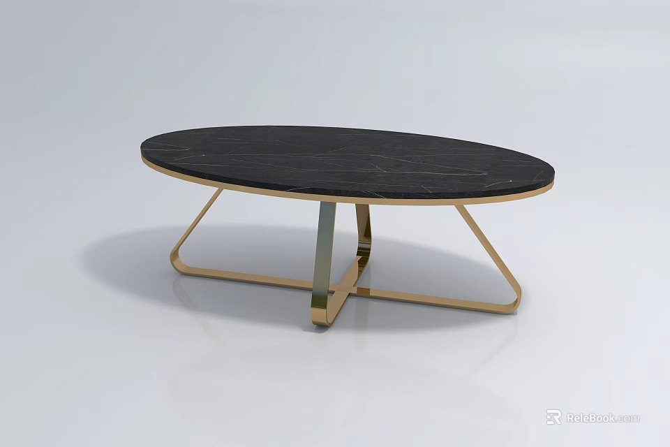 Oval Black Marble Top Coffee Table With Gold Metal Frame Modern Design 3d model 