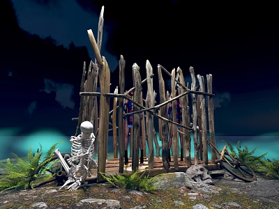 Modern Meichen Wood Fence Skull Wild Grass 3d model