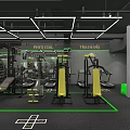 Modern Fitness Gym with Treadmills Strength Training Equipment Green Floor Markings and Ceiling Lights