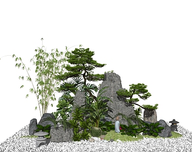 New Chinese style landscape sketch rockery waterscape courtyard landscape sketch Luo Han pine 3d model