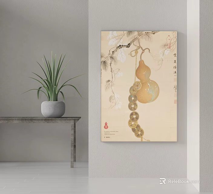 Traditional Chinese Landscape Painting With Gourd Vine Leaves And Calligraphy On Light Background 3d model 
