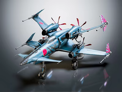 Detailed Blue Fighter Jet Model Featuring Multi Propellers Red Wing Markings and Extended Landing Gear 3d model
