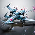 Detailed Blue Fighter Jet Model Featuring Multi Propellers Red Wing Markings and Extended Landing Gear