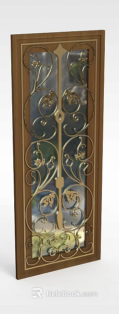 Elegant Storage Cabinet With Ornate Metal Filigree Wooden Frame And Glass Panel 3d model 