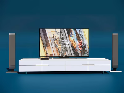White TV Stand With Storage Drawers Holding Flat Screen TV And Speakers 3d model