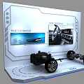 Modern Tech Exhibition Display Shelf with Car Chassis Model and Screen Showing Steering Wheel Dashboard