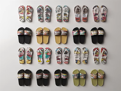 Assorted Pairs Of Colorful Home Slippers With Various Printed Designs And Comfortable Fit 3d model