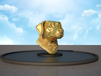 Golden Dog Head Sculpture With Circular Base In Water Pool And Blue Sky Background 3d model