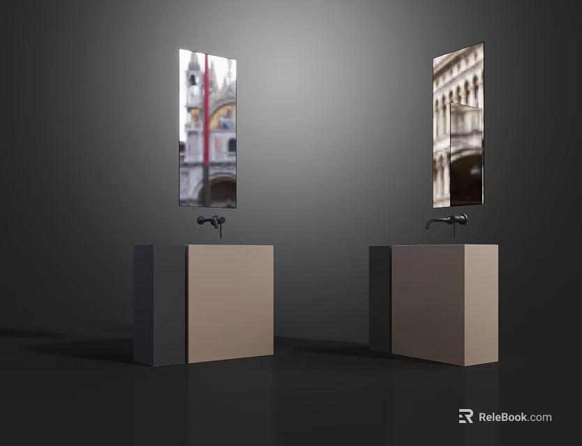 Modern Double Washbasin Design With Mirrors And Reflections On Dark Background 3d model 