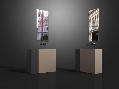 Modern Double Washbasin Design With Mirrors And Reflections On Dark Background 3d model