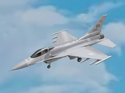 Military Fighter Jet Flying in Blue Sky with Clouds and Landing Gear 3d model
