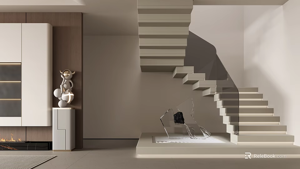 Modern Staircase With Minimalist Design Light Wood Steps And Indoor Decor Elements 3d model 