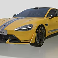 Yellow Sports Car Featuring Black Roof Stripes Rear Spoiler And Alloy Wheels