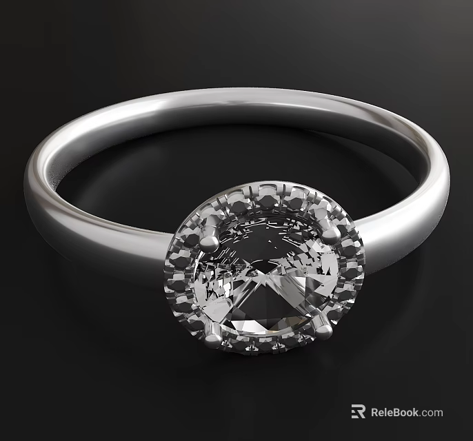 Elegant Silver Ring Featuring Central Diamond And Surrounding Small Diamonds 3d model 