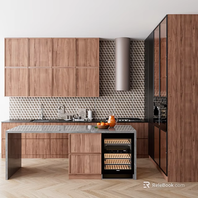 Modern Kitchen Interior With Wooden Cabinets Island And Tile Backsplash 3d model 
