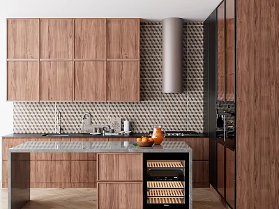 Modern Kitchen Interior With Wooden Cabinets Island And Tile Backsplash 3d model
