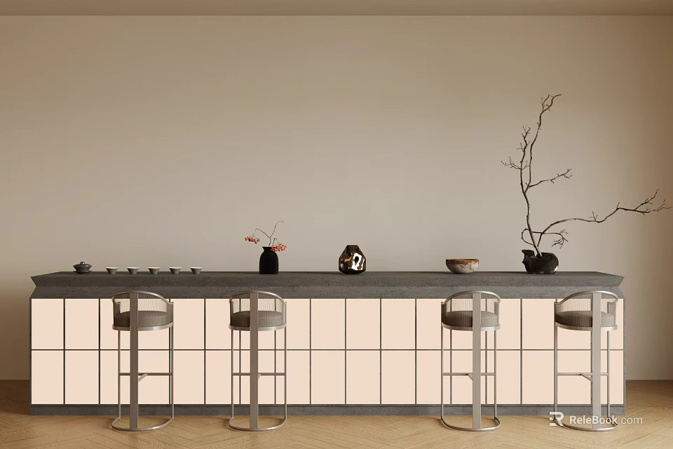 Modern Tea Table and High Stools with Vase Teapot Bowl and Dried Branch Decor 3d model 
