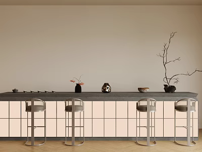 Modern Tea Table and High Stools with Vase Teapot Bowl and Dried Branch Decor 3d model