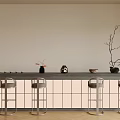 Modern Tea Table and High Stools with Vase Teapot Bowl and Dried Branch Decor