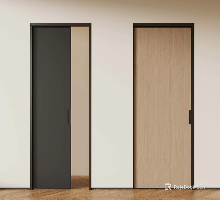 Modern Interior Doors In Dark And Light Wood Grain With Black Frames 3d model 