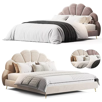 Elegant Beige Upholstered Double Bed With Scalloped Headboard Striped Bedspread And Soft Pillows 3d model