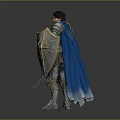 A Man In Medieval Armor With Blue Cape Holding Sword And Golden Shield