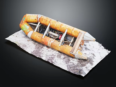 Old Worn Inflatable Boat With Yellow Orange And Green On White Surface With Gray Marks 3d model