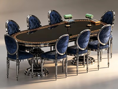 Elegant Black Oval Dining Table Set With Gold Trim And Blue Upholstered Chairs 3d model