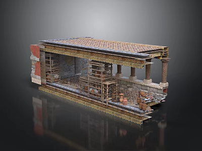 Ancient Roman Building Model With Tiled Roof Columns Interior Shelves And Clay Pots 3d model