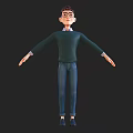 3D Model Man Wearing Green Sweater Blue Jeans Front Side Back Views on Black Background