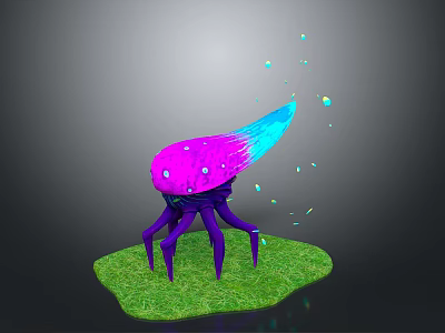 Vibrant Fantasy Creature Purple Legs Pink Body Blue Pink Flame Top Green Grass Glowing Particles 3d model