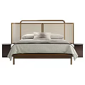 Modern Double Bed With Rattan Headboard Wooden Frame Pillows Quilt And Nightstand