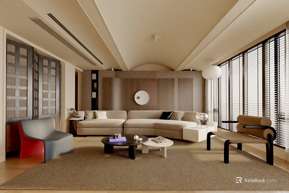 Modern Living Room Interior With Beige Sofa Accent Chairs Coffee Tables And Large Windows 3d model 