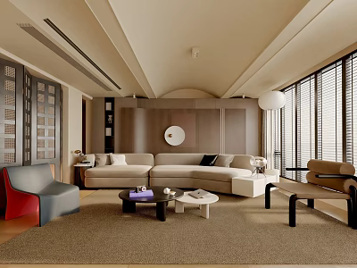 Modern Living Room Interior With Beige Sofa Accent Chairs Coffee Tables And Large Windows 3d model
