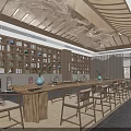 Traditional Teahouse Interior Design With Long Wooden Table And Decorative Display Shelves