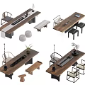 Modern Tea Table And Chairs Set With Stools Vases And Wooden Design Elements 3d model