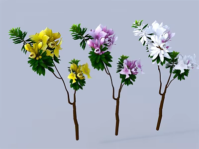 Plants with Yellow Purple White Flowers and Brown Stems Green Leaves 3d model