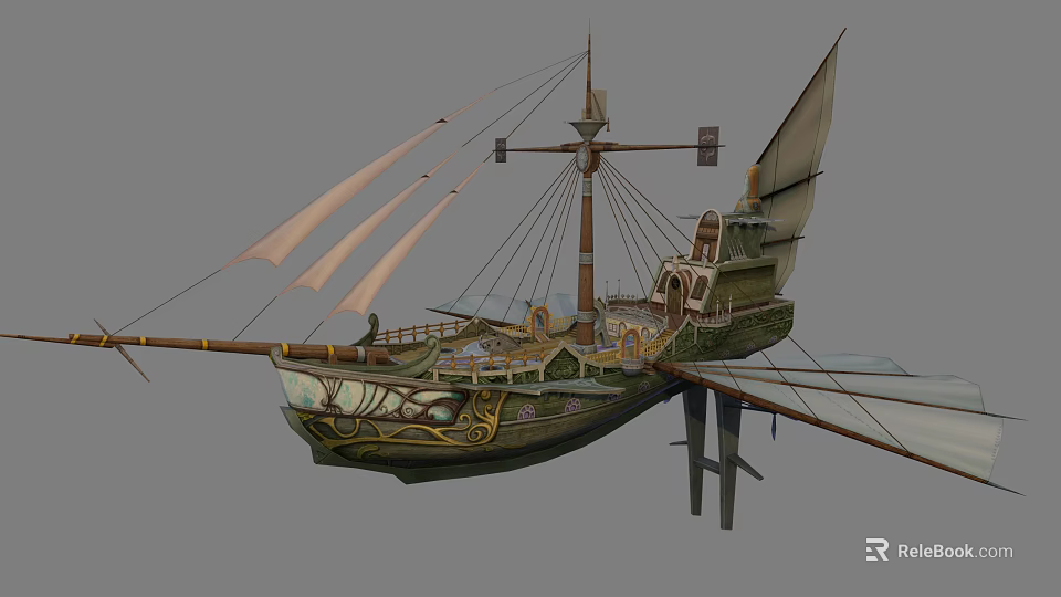 Classic Wooden Ship Design With Tall Masts And Decorative Hull Carvings Features 3d model 