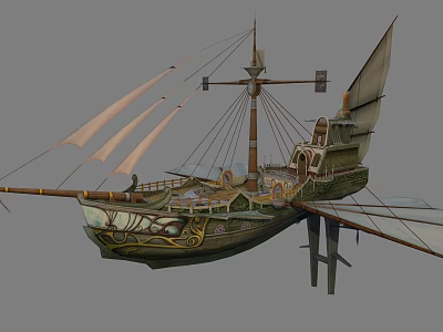 Classic Wooden Ship Design With Tall Masts And Decorative Hull Carvings Features 3d model