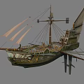 Classic Wooden Ship Design With Tall Masts And Decorative Hull Carvings Features