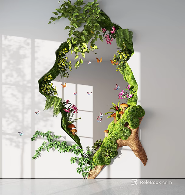 Indoor Landscape Design With Green Plants Butterflies Window Light Shadows And Tree Shaped Mirror 3d model 