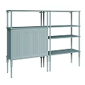 Modern Light Blue Display Shelf With Cabinet Doors And Multiple Storage Shelves