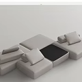 Light Colored Fabric Modular Sectional Sofa With Black Center Table And Cushions 3d model