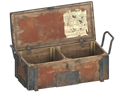 Vintage Wooden Trunk With Open Lid Metal Handles Blueprint Compartments And Light Gun Labels 3d model