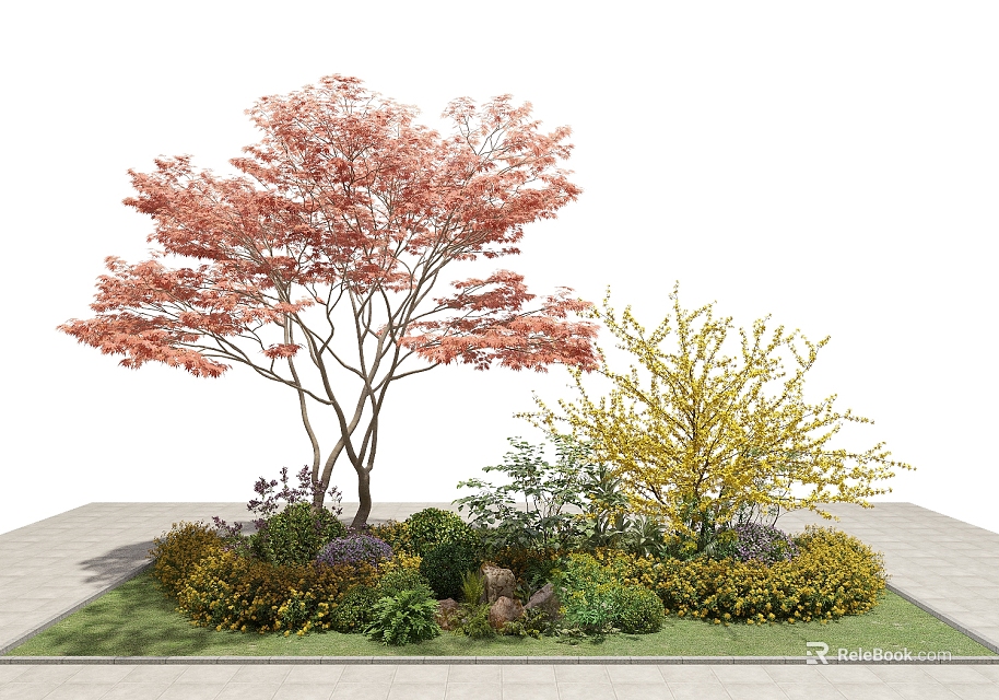 Vibrant Yellow Shrubs in Garden Landscaping With Pink Leaf Tree Green Plants and Stones 3d model 