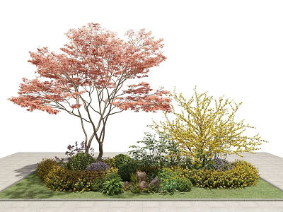 Vibrant Yellow Shrubs in Garden Landscaping With Pink Leaf Tree Green Plants and Stones 3d model
