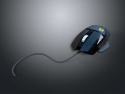 Black Wired Gaming Mouse With Yellow Logo And Modern Ergonomic Design 3d model